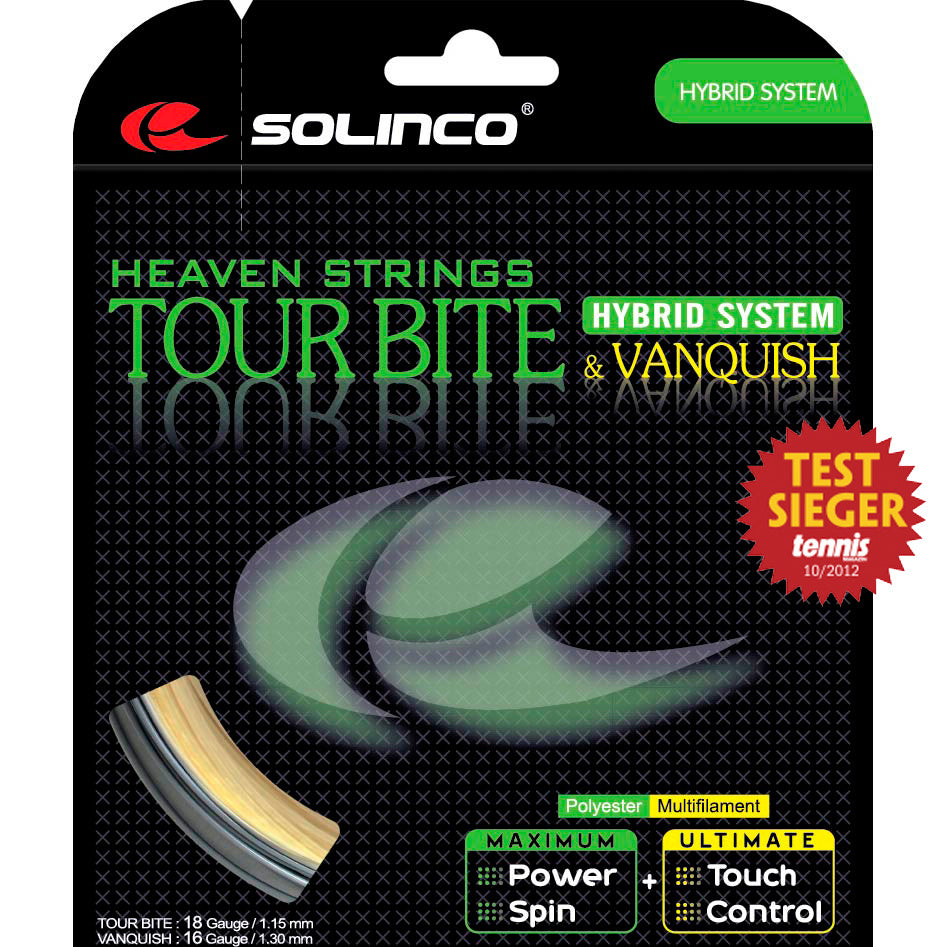 Solinco Tour Bite 6,8m Silber + Vanquish 6,3m String Set 13,1m-Silver,Ecru Solinco Tour Bite 6,8m Silber + Vanquish 6,3m String Set 13,1m-Silver,Ecru
