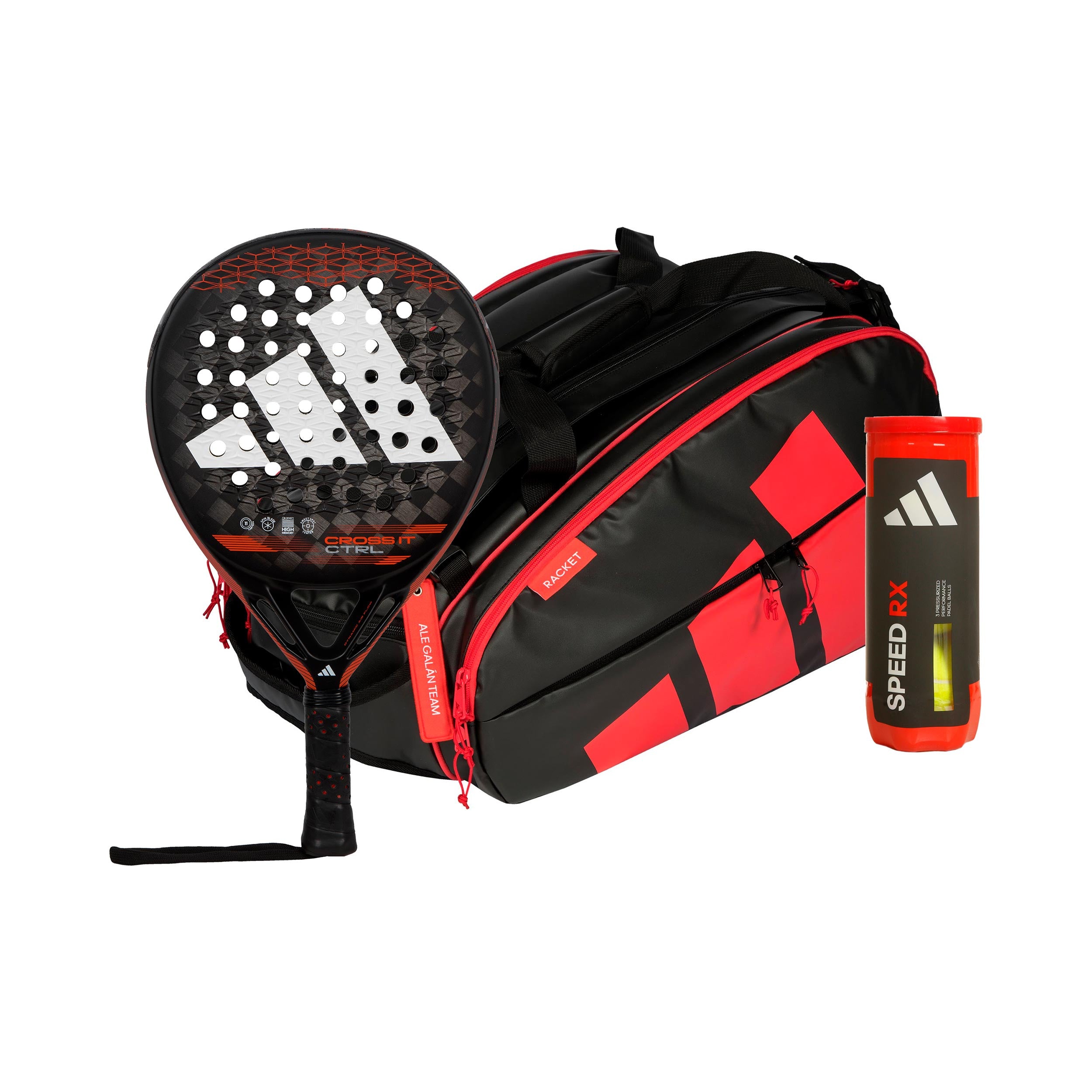 adidas 3 Pack Cross It Ctrl plus racket bag, plus ball can