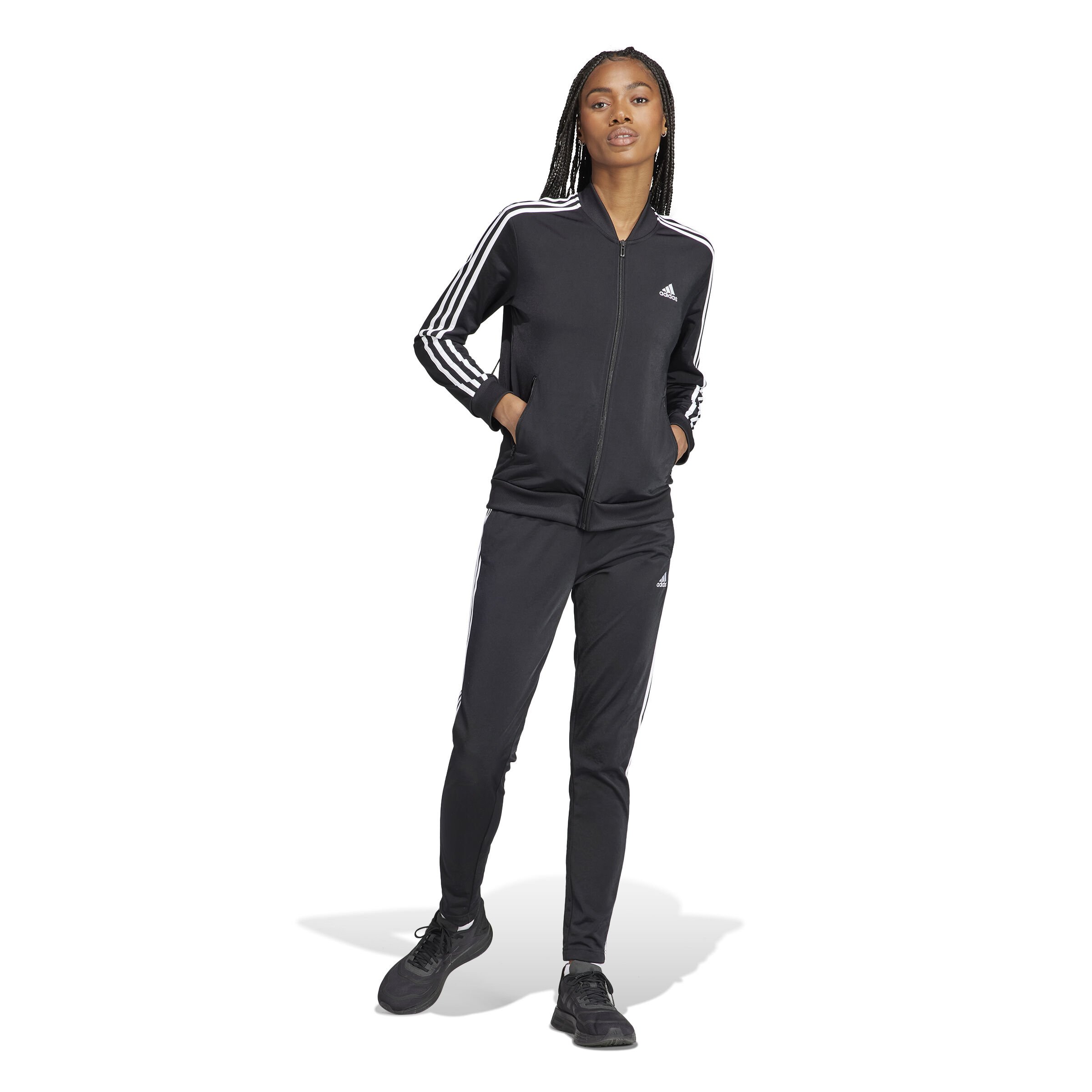 Adidas black 3 stripe tracksuit discount