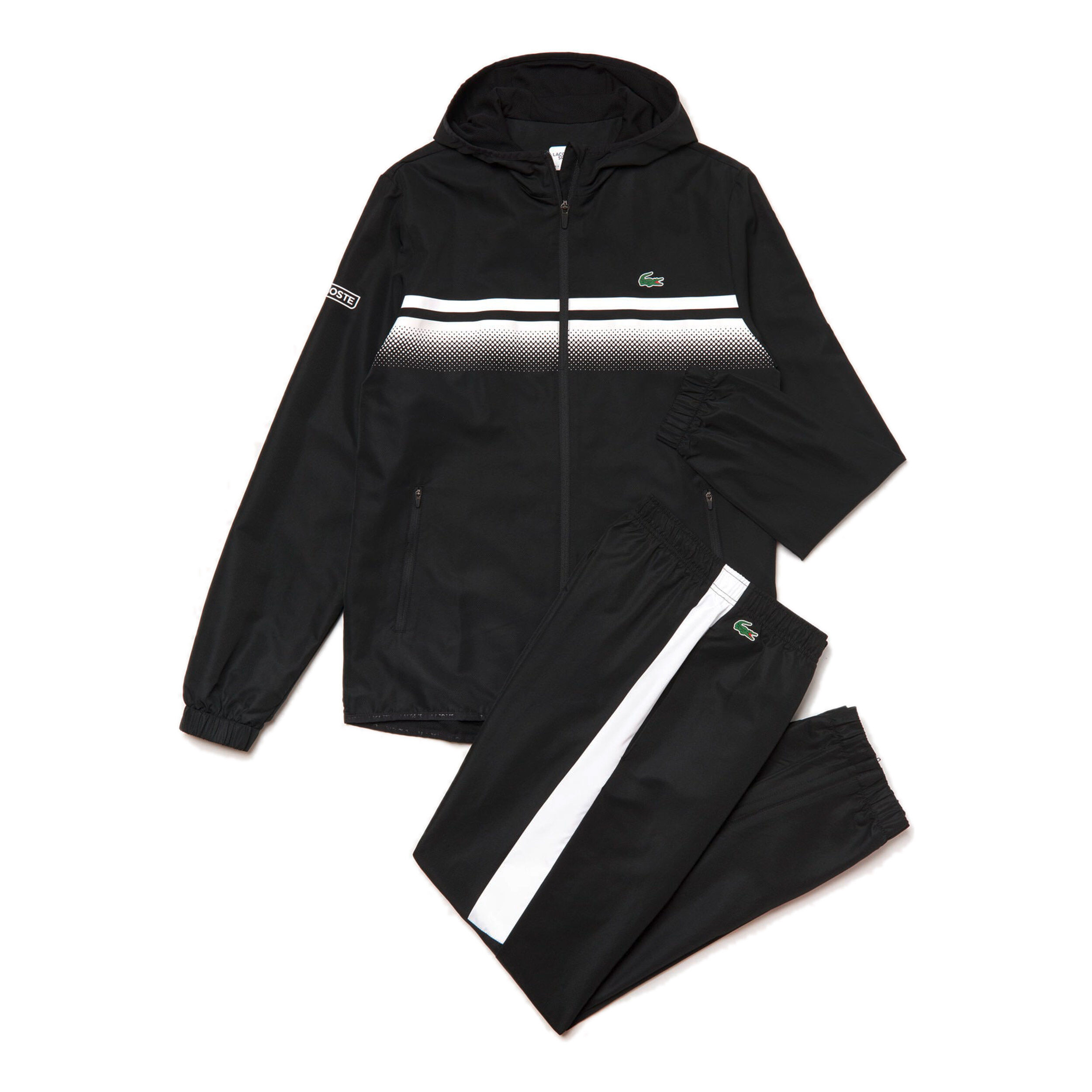 Black and white lacoste store tracksuit