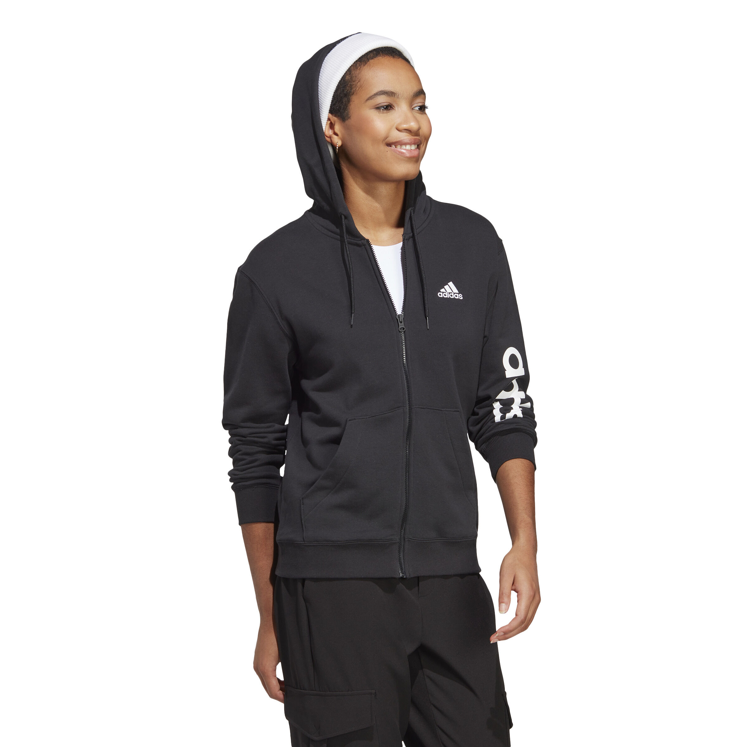 Linear French Terry Full Zip Hoodie Women Black White
