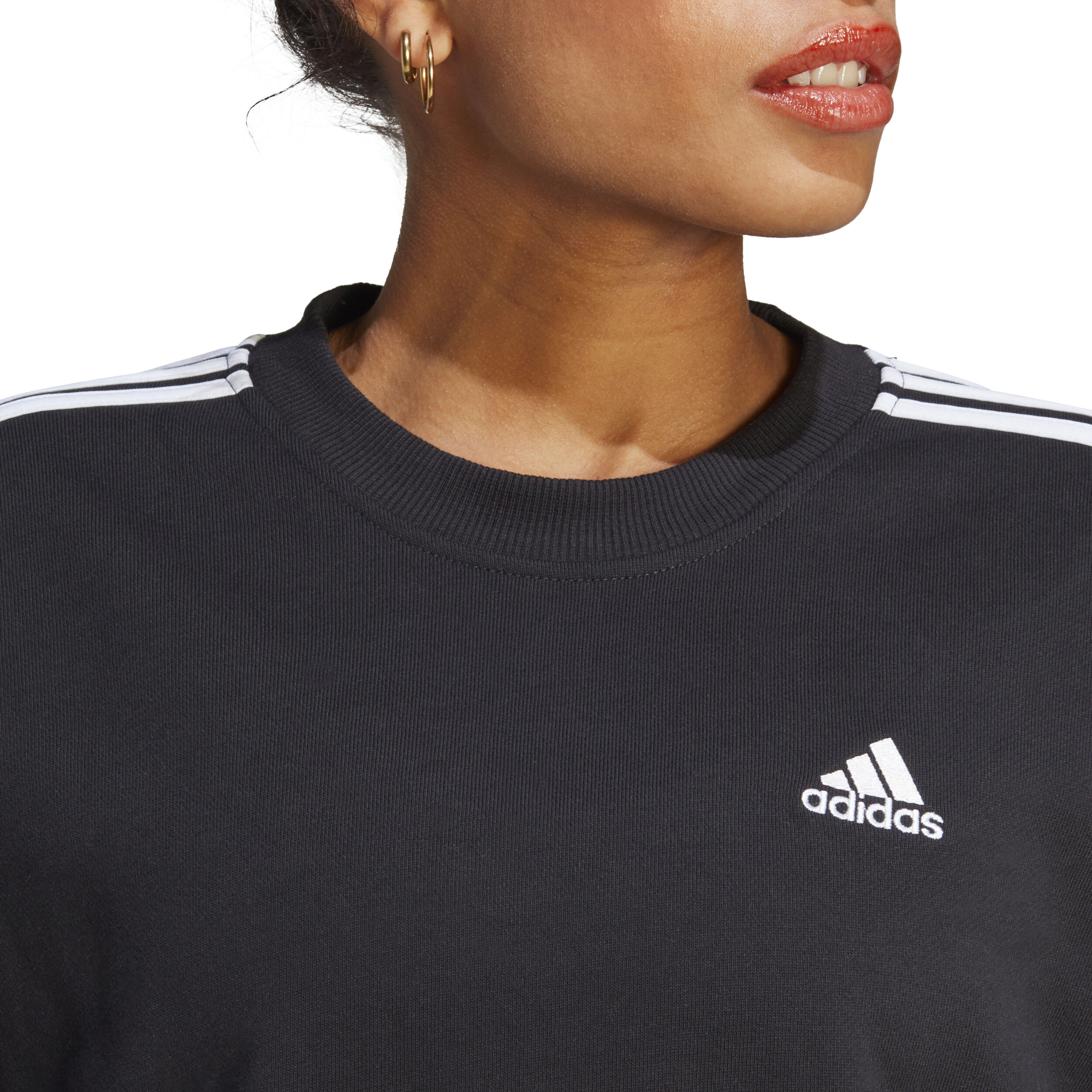 Adidas 3 stripe online black crew neck sweatshirt
