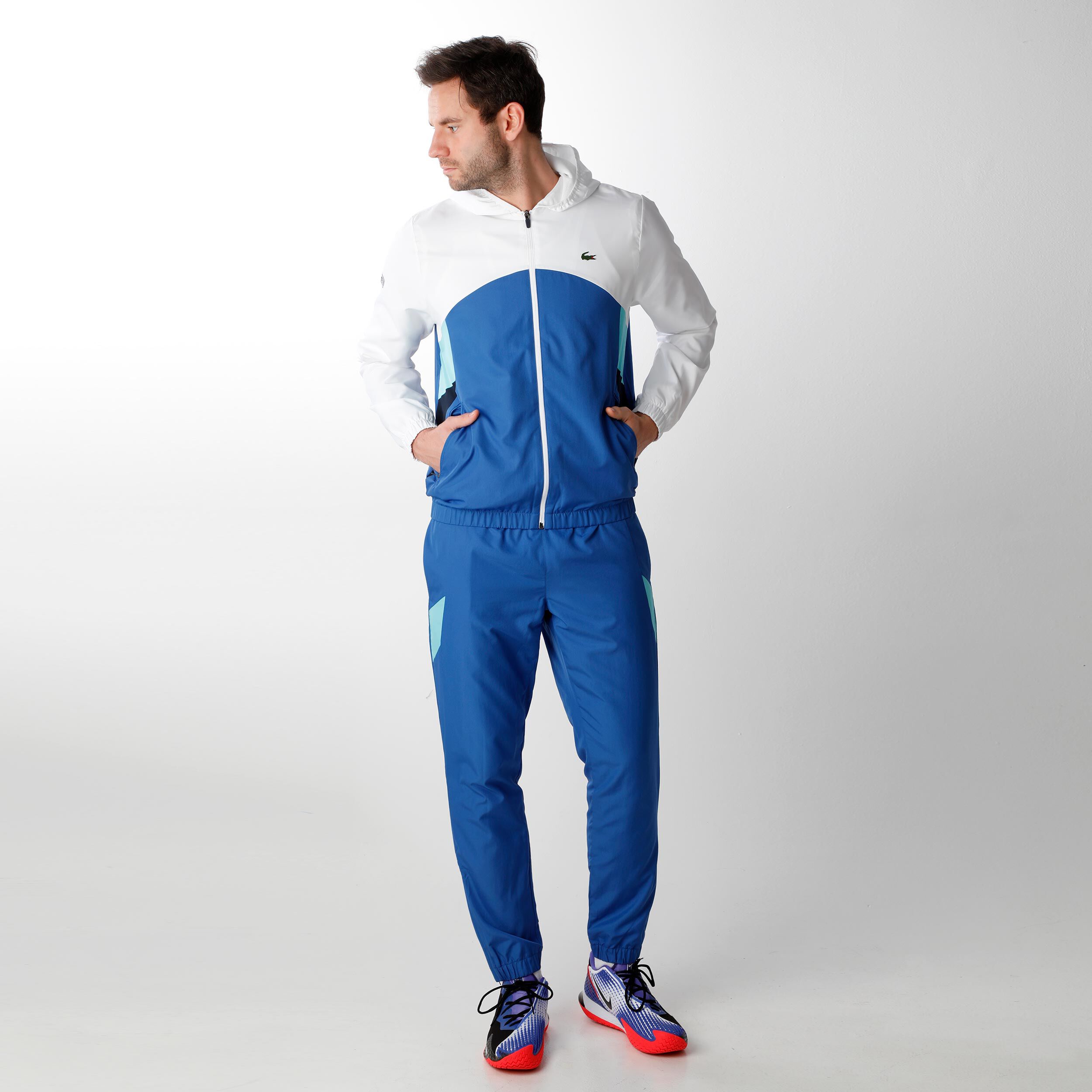 Blue and hotsell white lacoste tracksuit
